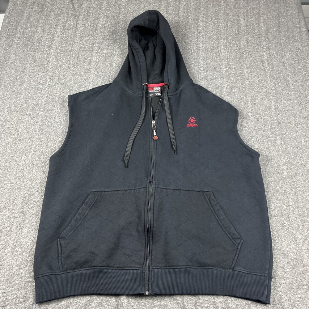 VTG Y2K South Pole Full Zip Hoodie Vest Thermal Hood Mens XXL Black Cyber Grunge